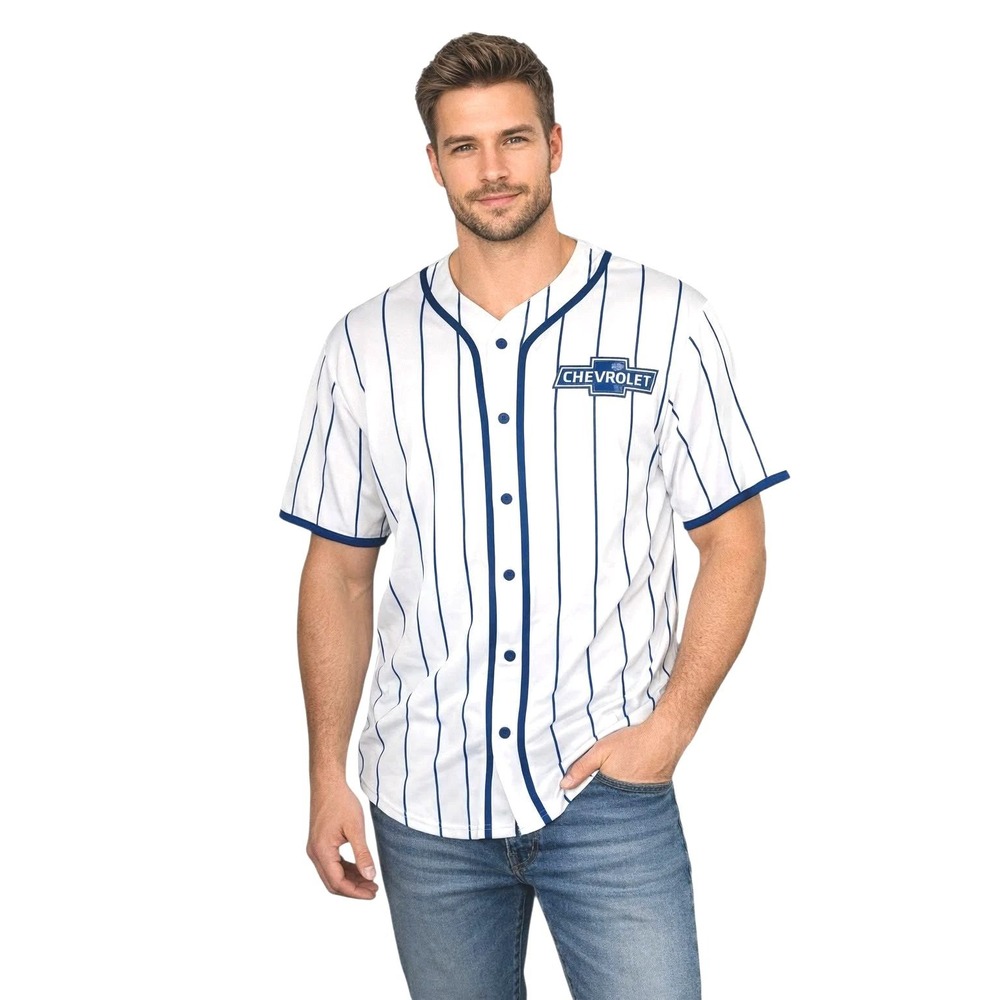 Chevrolet Super Service Baseball‎ Jersey Men's Small White Blue Pinstripe GM New